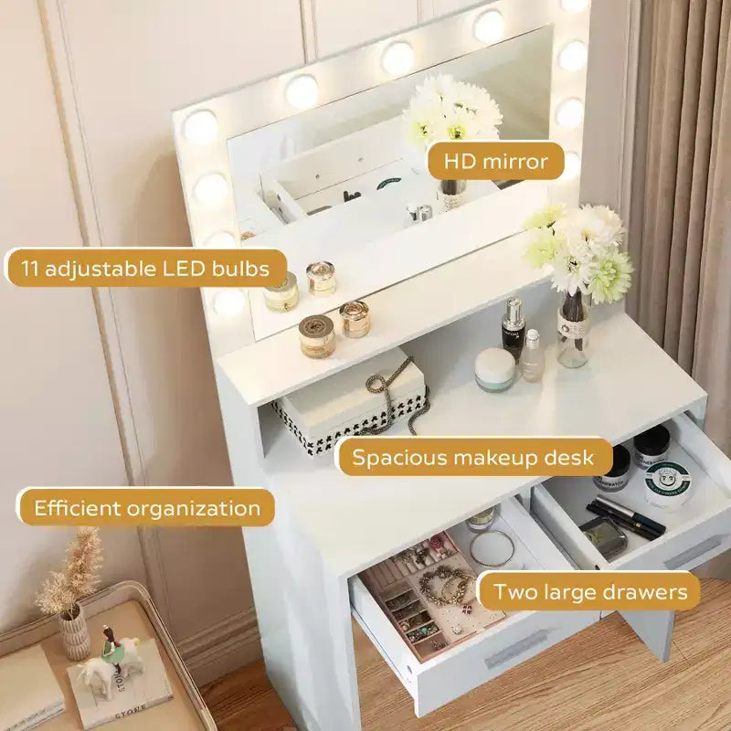 Okak Mobile da Trucco Compatto con Specchio Rettangolare, Tavolo Trucco con 2 Grandi Cassetti, Toilette con 3 Modalità per Camera da Letto, Spogliatoio, Bianco