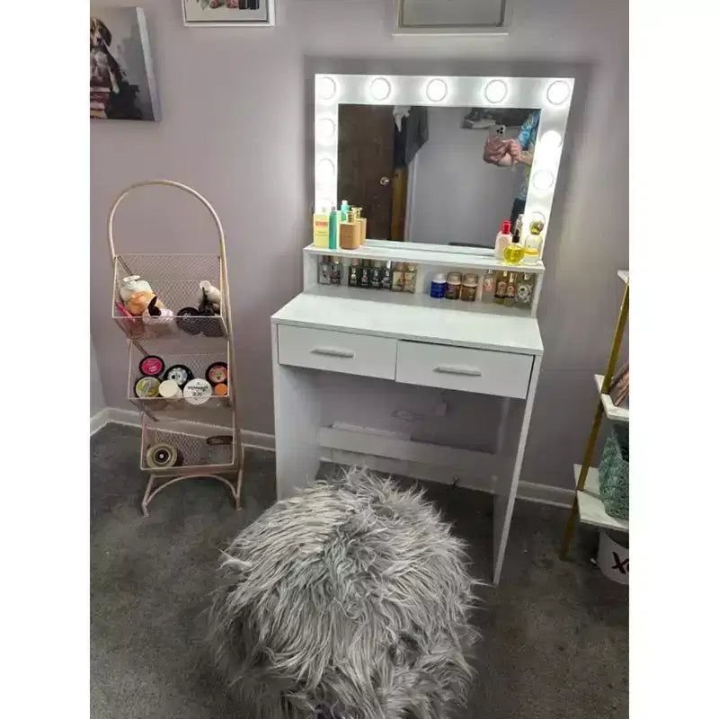 Okak Mobile da Trucco Compatto con Specchio Rettangolare, Tavolo Trucco con 2 Grandi Cassetti, Toilette con 3 Modalità per Camera da Letto, Spogliatoio, Bianco