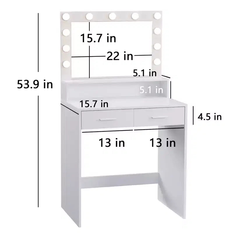 Okak Mobile da Trucco Compatto con Specchio Rettangolare, Tavolo Trucco con 2 Grandi Cassetti, Toilette con 3 Modalità per Camera da Letto, Spogliatoio, Bianco