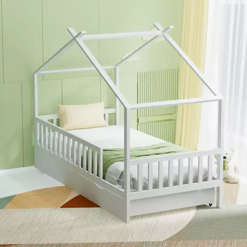 GDFStudio Tova Modern Wooden Kid's Full House Bed Frame with 2 Storage Drawers