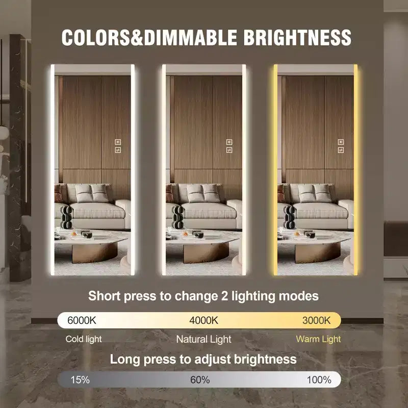 GDFStudio Arden - Specchio rettangolare moderno a figura intera 65H con 3 modalità di illuminazione