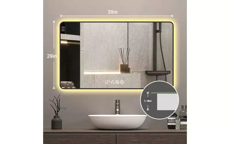 GDFStudio Rion Specchio rettangolare da bagno moderno 39W con angoli arrotondati e 3 modalità di illuminazione