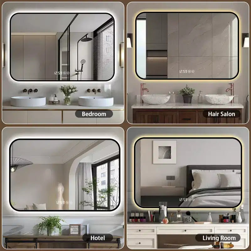 GDFStudio Rion Specchio rettangolare da bagno moderno 39W con angoli arrotondati e 3 modalità di illuminazione