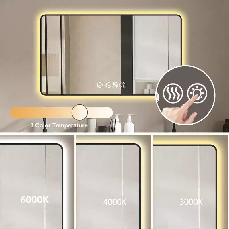 GDFStudio Rion Specchio rettangolare da bagno moderno 39W con angoli arrotondati e 3 modalità di illuminazione
