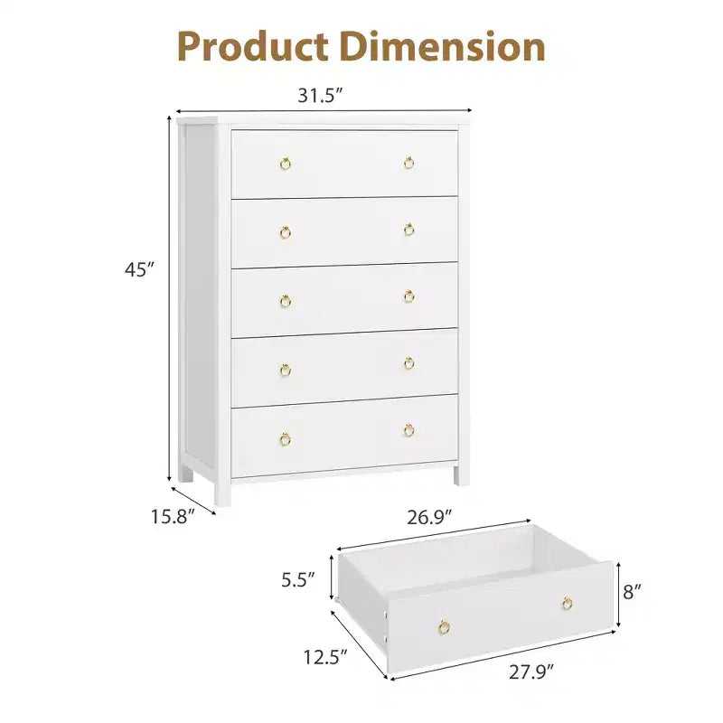 Cassettiera a 4/5 cassetti, Comodino con maniglie dorate, Grande Armadio porta abiti per camera da letto, cameretta, soggiorno, ripostiglio, Bianco