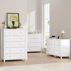 Cassettiera a 4/5 cassetti, Comodino con maniglie dorate, Grande Armadio porta abiti per camera da letto, cameretta, soggiorno, ripostiglio, Bianco
