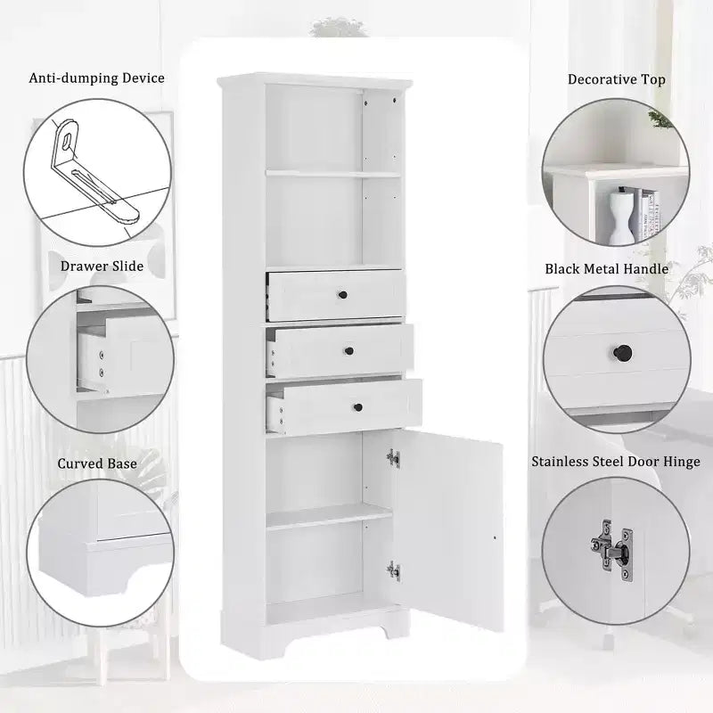 Okak Mobiletto Alto da Bagno con 3 Cassetti e Ripiano Regolabile, Organizzatore per Bagno, Soggiorno