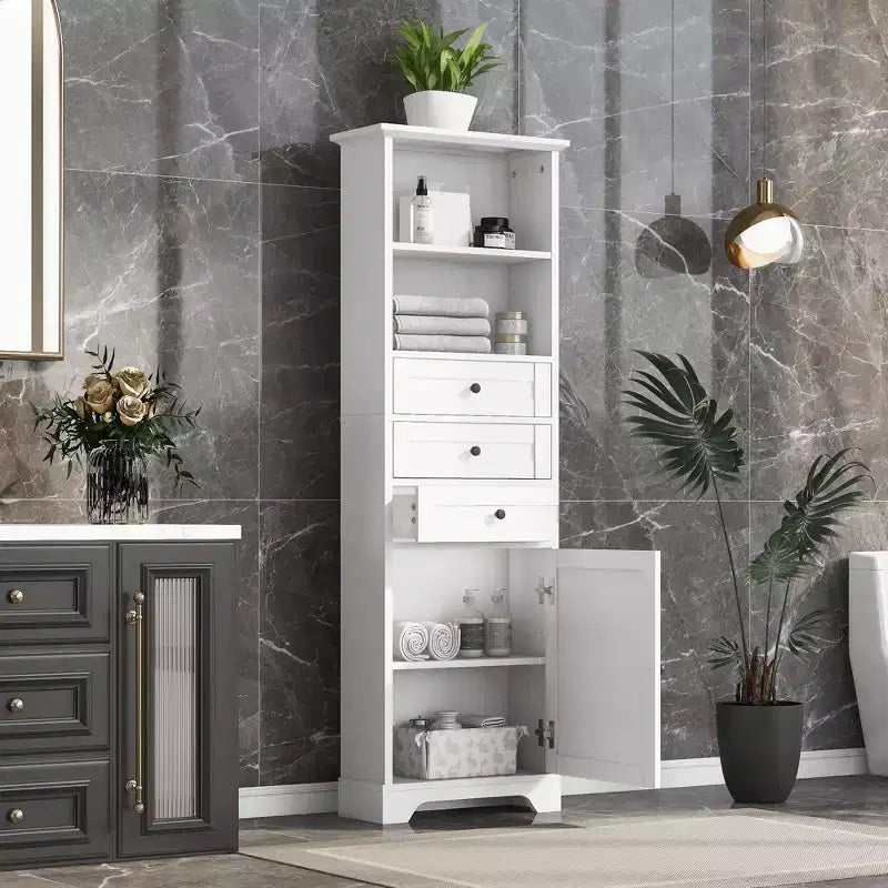 Okak Mobiletto Alto da Bagno con 3 Cassetti e Ripiano Regolabile, Organizzatore per Bagno, Soggiorno