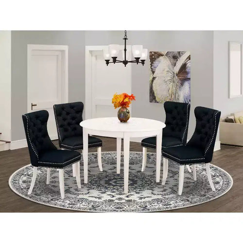 Set da pranzo rotondo a 5 pezzi in legno massello con piano in lino bianco - 4 posti