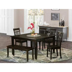 Tavolo da pranzo HomeStock 6 pezzi quadrati in legno massello con finitura color cappuccino, con 1 panca e 4 sedie