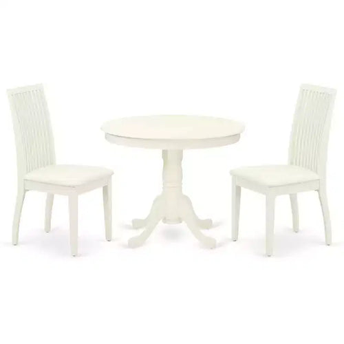 3-Piece Linen White Finish Solid Wood Top - Round Dining Room Set - Seats 4