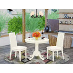Set da pranzo rotondo in legno massello con finitura lino bianco a 3 pezzi - 4 posti