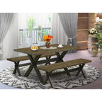HomeStock Tavolo da pranzo rettangolare a 3 pezzi con piano in legno massiccio, finitura Jacobean anticata e 2 panche