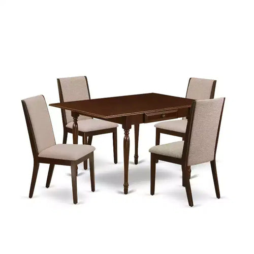 5-Piece Mahogany Finish Solid Wood Top - Rectangular Dining Room Set with Leaf - Seats 4