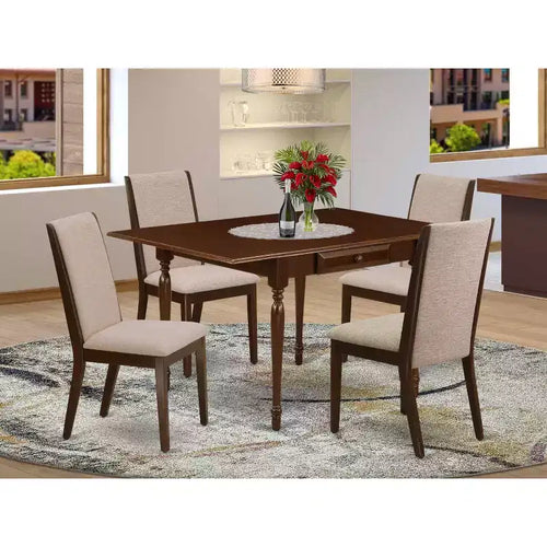 Set da pranzo rettangolare in legno massello con finitura in mogano, 5 pezzi con prolunga - 4 posti a sedere