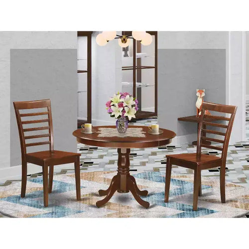 Set da pranzo rotondo a 3 pezzi con piano in legno massello finitura mogano - 4 posti a sedere