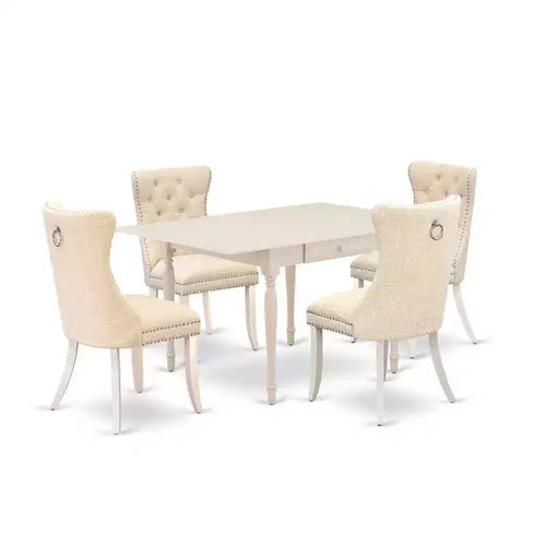 5-Piece Linen White Finish Solid Wood Top - Rectangular Upholstered Dining Room Set - (Seats-4)