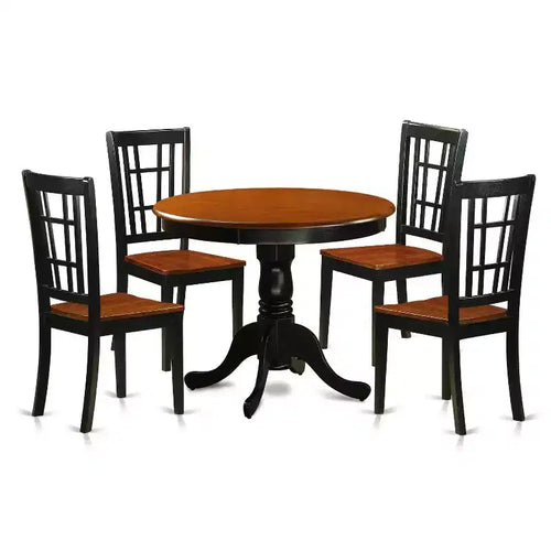 5-Piece Round Black Finish Solid Wood Top Dining table with 4-Chairs with