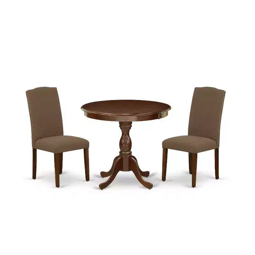 3-Piece Mahogany Finish Solid Wood Top Round Dining Room Set with High Back (Seats-4)