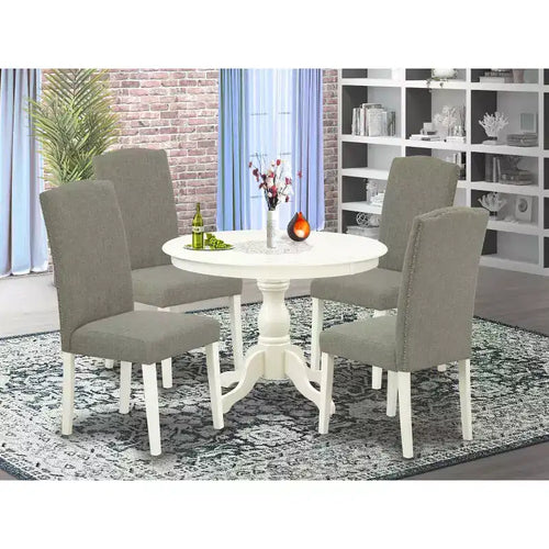 Tavolo da pranzo 5 pezzi con piano in legno massello finitura lino bianco e 4 sedie con