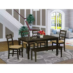 HomeStock Tavolo da Pranzo Rettangolare a 6 Pezzi con Piano in Legno Massello Finitura Cappuccino con 1 Panca, 4 Sedie