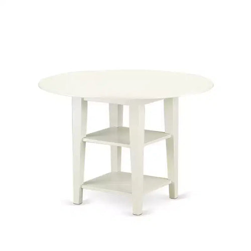 5-Piece Linen White Finish Solid Wood Top - Round Upholstered Dining Room Set - Seats 4