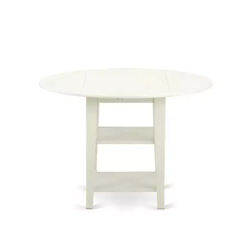Set da pranzo rotondo con 4 posti, top in legno massello con finitura lino bianco a 5 pezzi e sedie imbottite