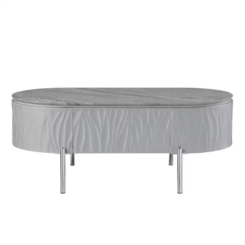 Tavolino Royal Hampton, grigio lucido, metallo cromato, legno grigio, 119 cm