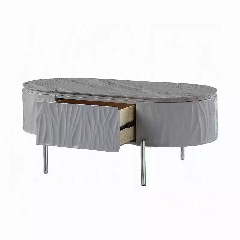 Tavolino Royal Hampton, grigio lucido, metallo cromato, legno grigio, 119 cm