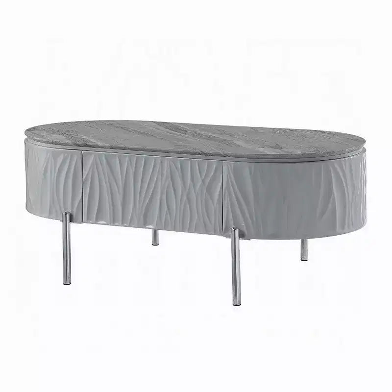 Tavolino Royal Hampton, grigio lucido, metallo cromato, legno grigio, 119 cm