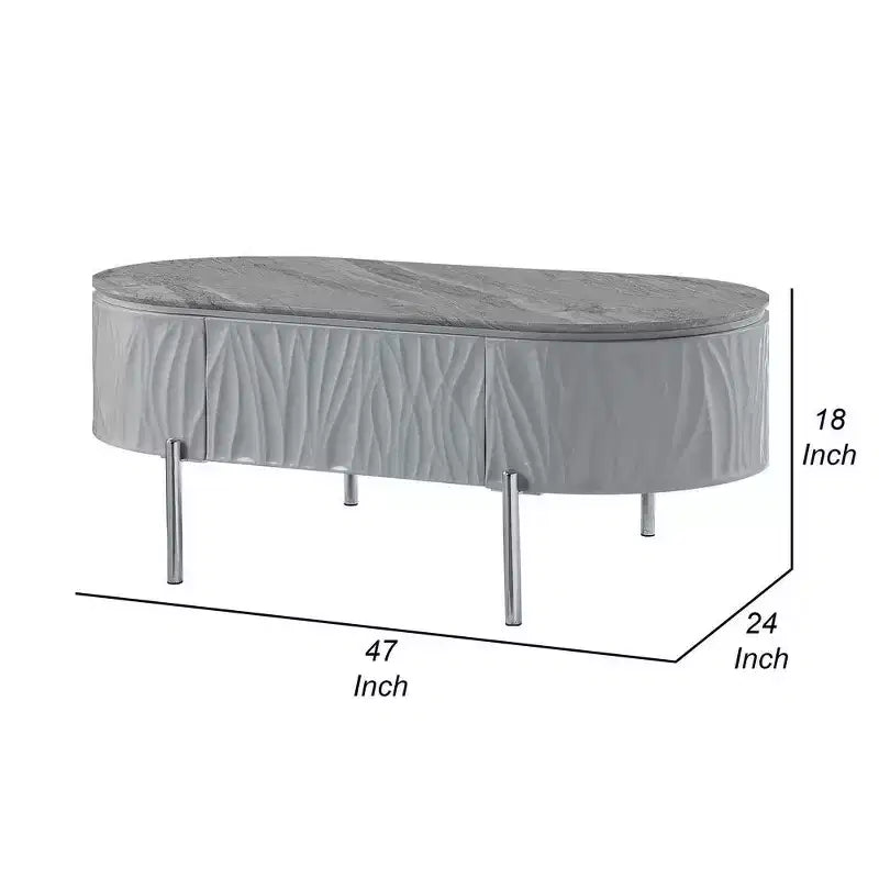 Tavolino Royal Hampton, grigio lucido, metallo cromato, legno grigio, 119 cm