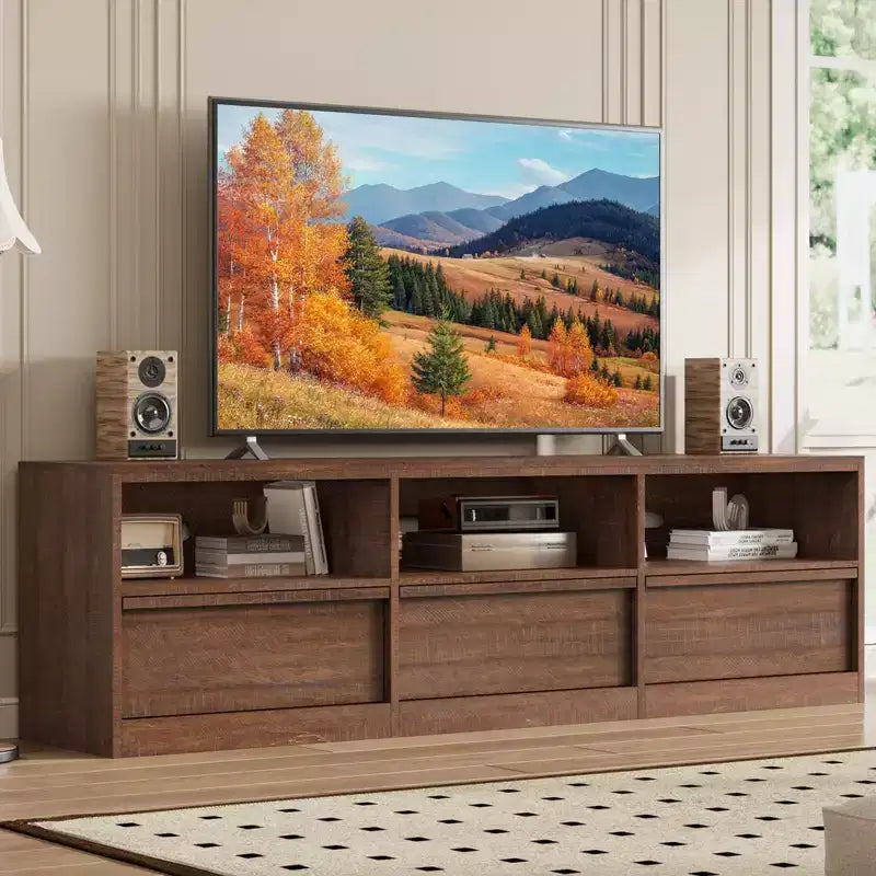 Mobile TV da 70 pollici per televisori da 80 pollici, Centro di Intrattenimento Moderno di Metà Secolo con Cassetto Contenitore e Ripiani Aperti, Mobile Console Media in Legno per Soggiorno