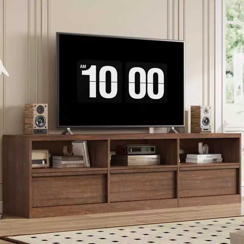 Mobile TV da 70 pollici per televisori da 80 pollici, Centro di Intrattenimento Moderno di Metà Secolo con Cassetto Contenitore e Ripiani Aperti, Mobile Console Media in Legno per Soggiorno