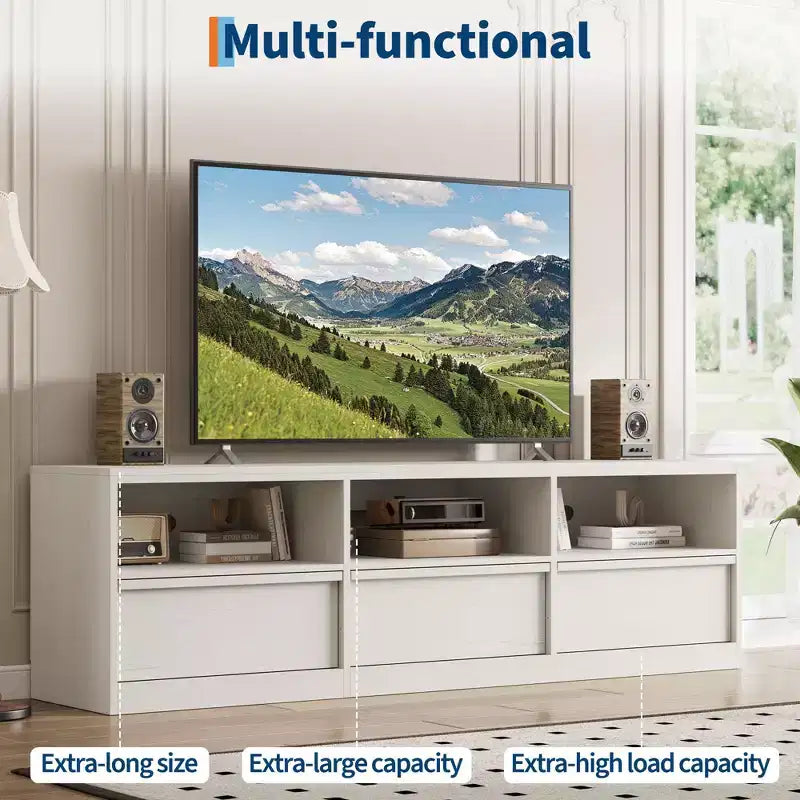 Mobile TV da 70 pollici per televisori da 80 pollici, Centro di Intrattenimento Moderno di Metà Secolo con Cassetto Contenitore e Ripiani Aperti, Mobile Console Media in Legno per Soggiorno