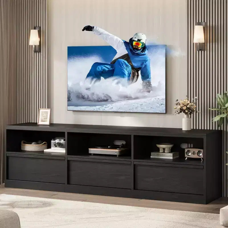 Mobile TV da 70 pollici per televisori da 80 pollici, Centro di Intrattenimento Moderno di Metà Secolo con Cassetto Contenitore e Ripiani Aperti, Mobile Console Media in Legno per Soggiorno