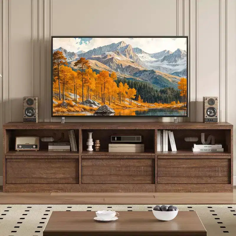 Mobile TV da 70 pollici per televisori da 80 pollici, Centro di Intrattenimento Moderno di Metà Secolo con Cassetto Contenitore e Ripiani Aperti, Mobile Console Media in Legno per Soggiorno
