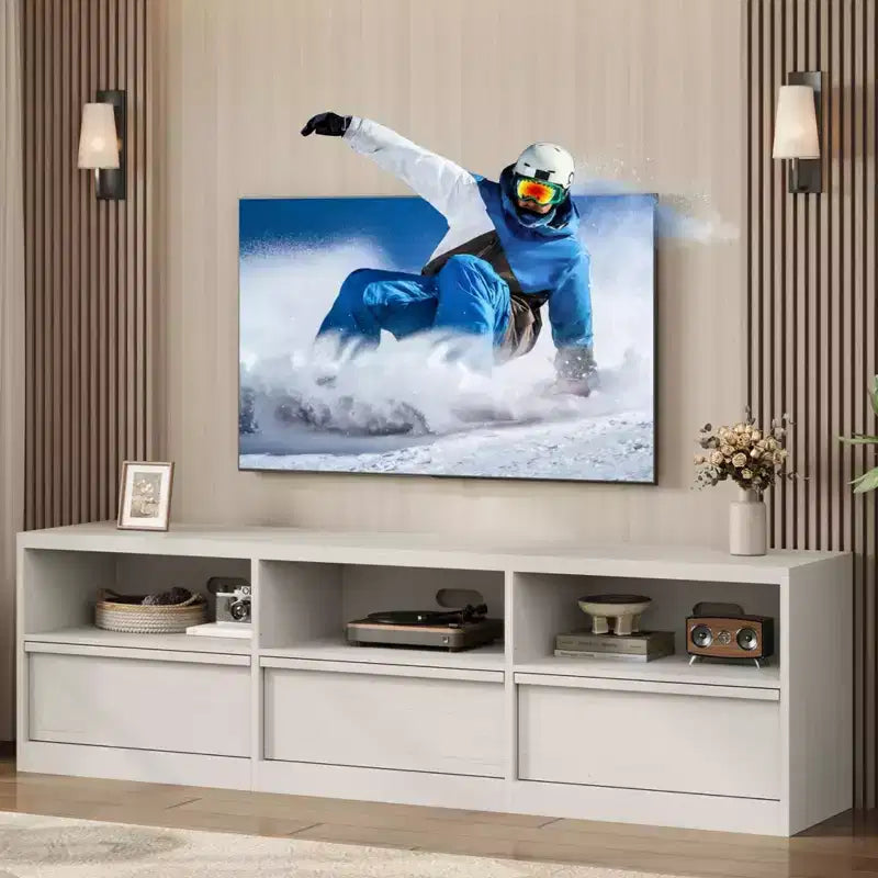 Mobile TV da 70 pollici per televisori da 80 pollici, Centro di Intrattenimento Moderno di Metà Secolo con Cassetto Contenitore e Ripiani Aperti, Mobile Console Media in Legno per Soggiorno