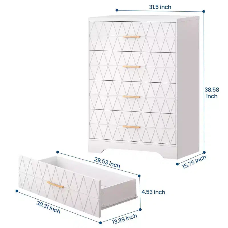 Cassettiera a 4 cassetti, Mobile a cassetti, Comò alto con maniglie dorate, Mobiletto contenitore per camera da letto, soggiorno, armadio