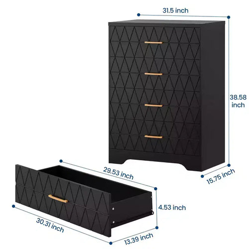 Cassettiera a 4 cassetti, Mobile a cassetti, Comò alto con maniglie dorate, Mobiletto contenitore per camera da letto, soggiorno, armadio