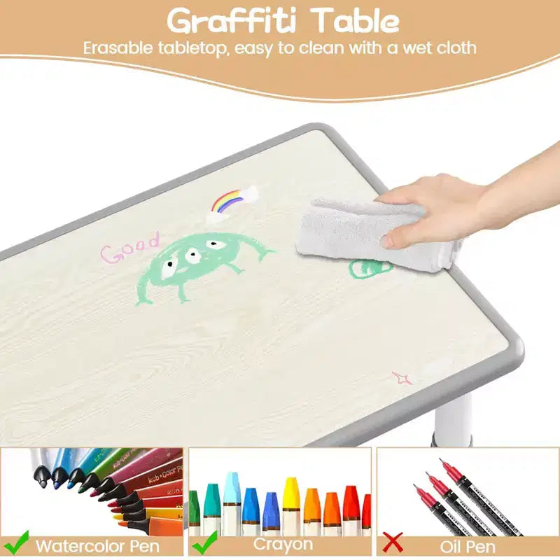 Set tavolo e sedie per bambini con contenitore, Tavolo e sedie per bambini regolabili in altezza per bambini dai 3 agli 8 anni, Tappetini antiscivolo, Piano del tavolo facile da pulire