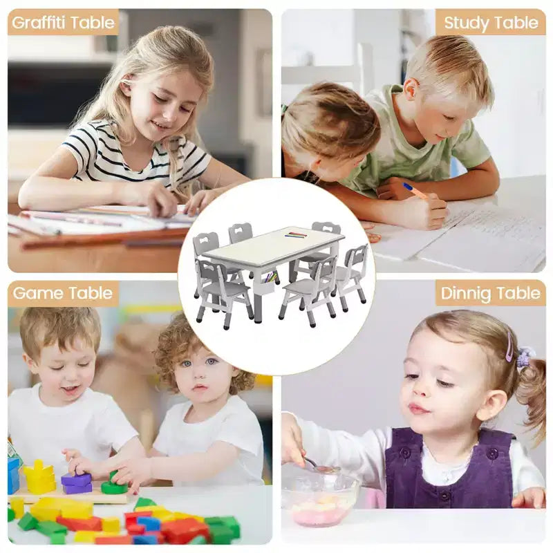 Set tavolo e sedie per bambini con contenitore, Tavolo e sedie per bambini regolabili in altezza per bambini dai 3 agli 8 anni, Tappetini antiscivolo, Piano del tavolo facile da pulire