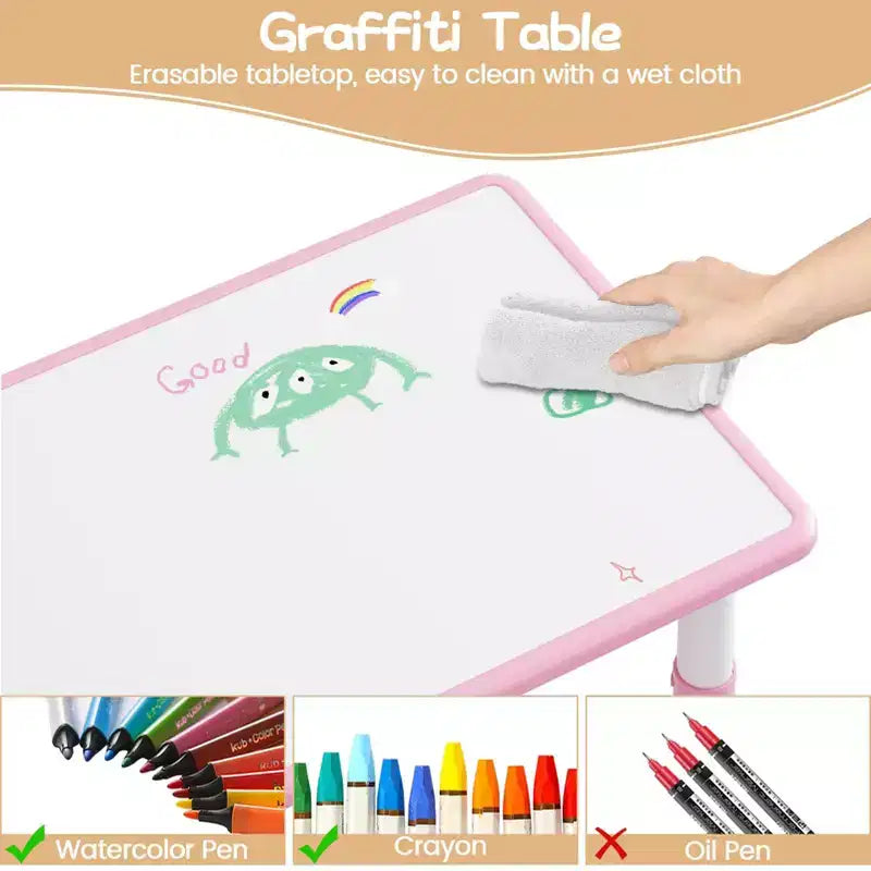 Set tavolo e sedie per bambini con contenitore, Tavolo e sedie per bambini regolabili in altezza per bambini dai 3 agli 8 anni, Tappetini antiscivolo, Piano del tavolo facile da pulire