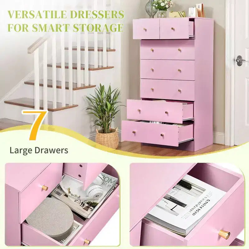 Karl Home Cassettiera Grande a 7 Cassetti per Camera da Letto e Cassettiera con Struttura Robusta Organizzatore per Armadio in Legno, Rosa