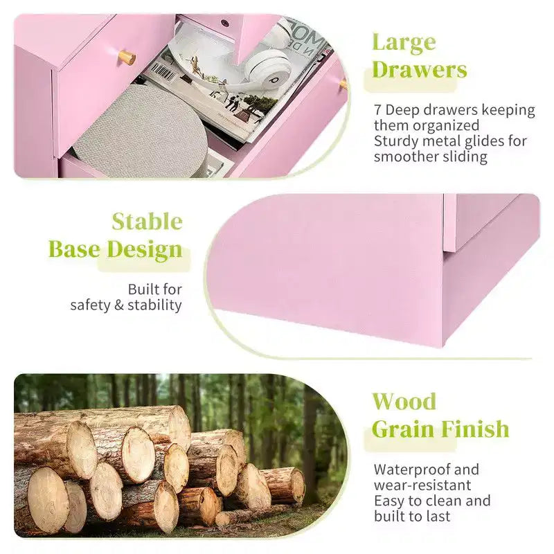 Karl Home Cassettiera Grande a 7 Cassetti per Camera da Letto e Cassettiera con Struttura Robusta Organizzatore per Armadio in Legno, Rosa