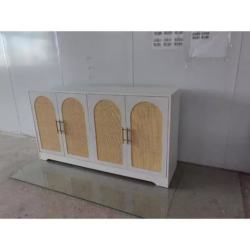 COZONY Madia Credenza, Mobile Contenitore Grande con 4 Ante in Rattan, Tavolo Consolle per Soggiorno, Cucina, Sala da Pranzo, Ingresso