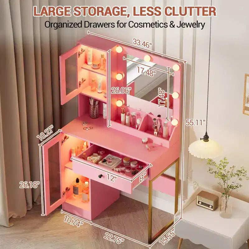 Toeletta da trucco con luci a LED e specchio, grande toeletta da 33 W con cassetto grande, mobile contenitore, toeletta per camera da letto