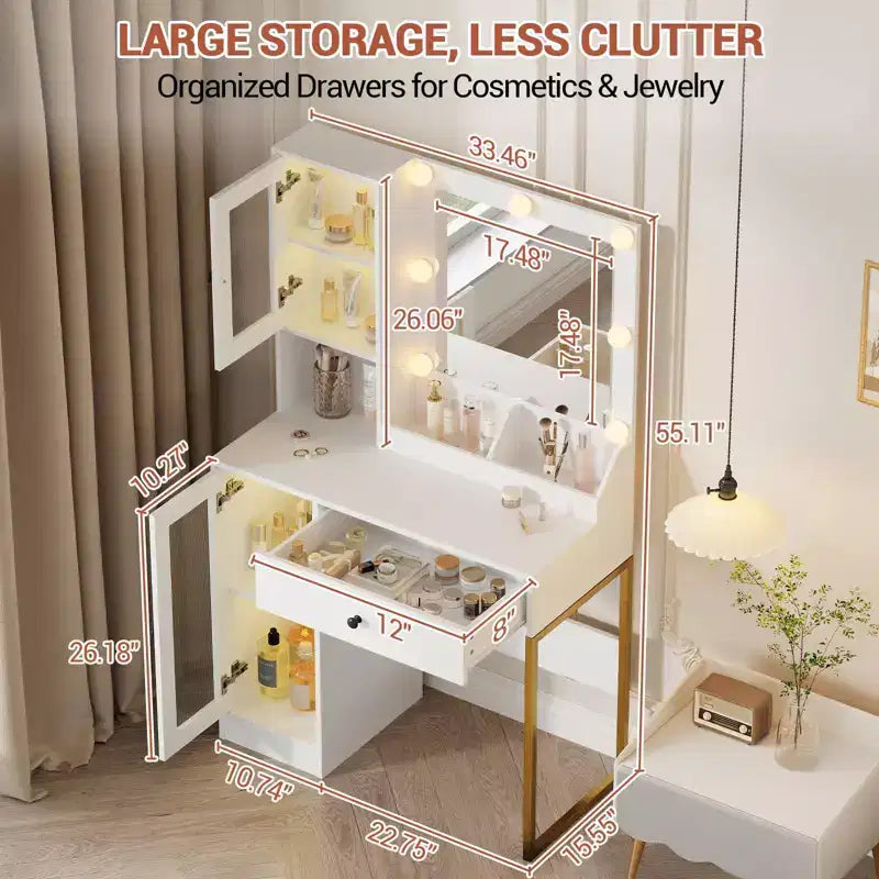 Toeletta da trucco con luci a LED e specchio, grande toeletta da 33 W con cassetto grande, mobile contenitore, toeletta per camera da letto