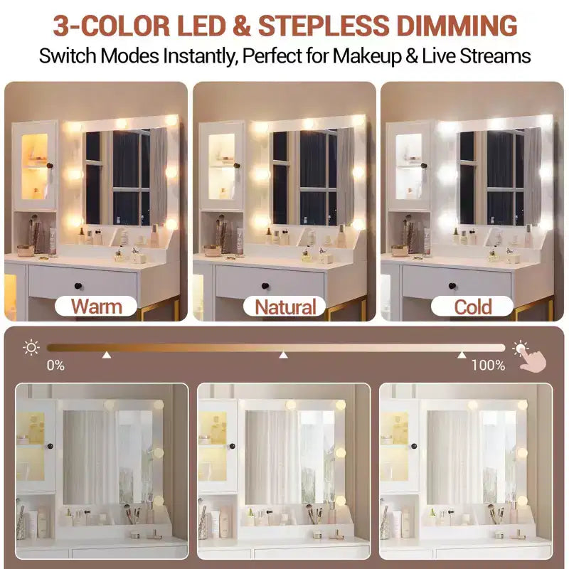 Toeletta da trucco con luci a LED e specchio, grande toeletta da 33 W con cassetto grande, mobile contenitore, toeletta per camera da letto