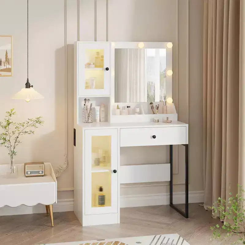Toeletta da trucco con luci a LED e specchio, grande toeletta da 33 W con cassetto grande, mobile contenitore, toeletta per camera da letto