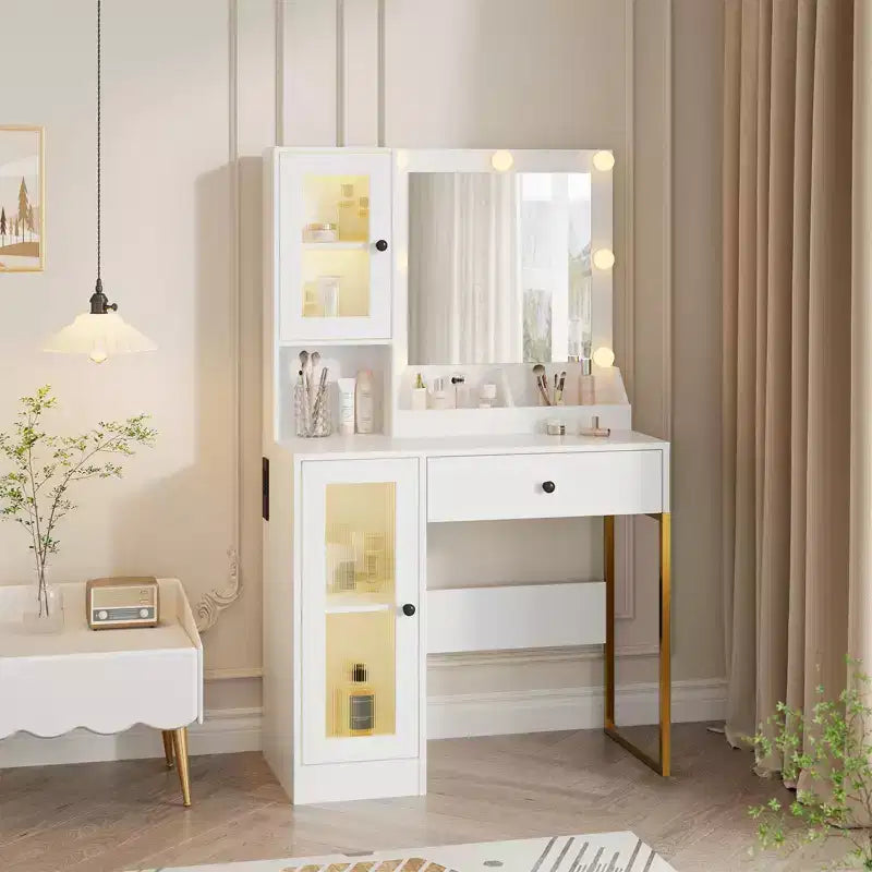 Toeletta da trucco con luci a LED e specchio, grande toeletta da 33 W con cassetto grande, mobile contenitore, toeletta per camera da letto
